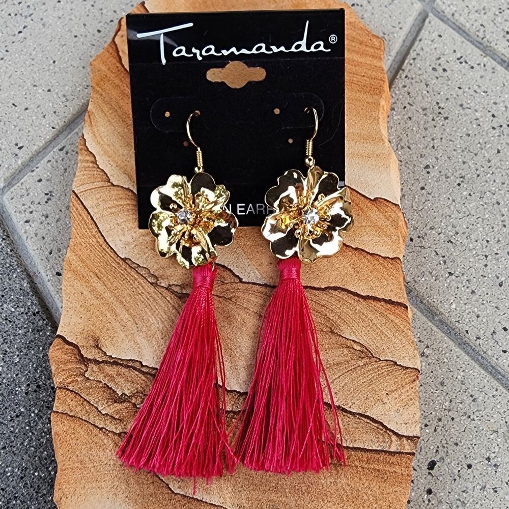Taramanda Gold Crystal Swirl Flower Tassel Drop Earrings